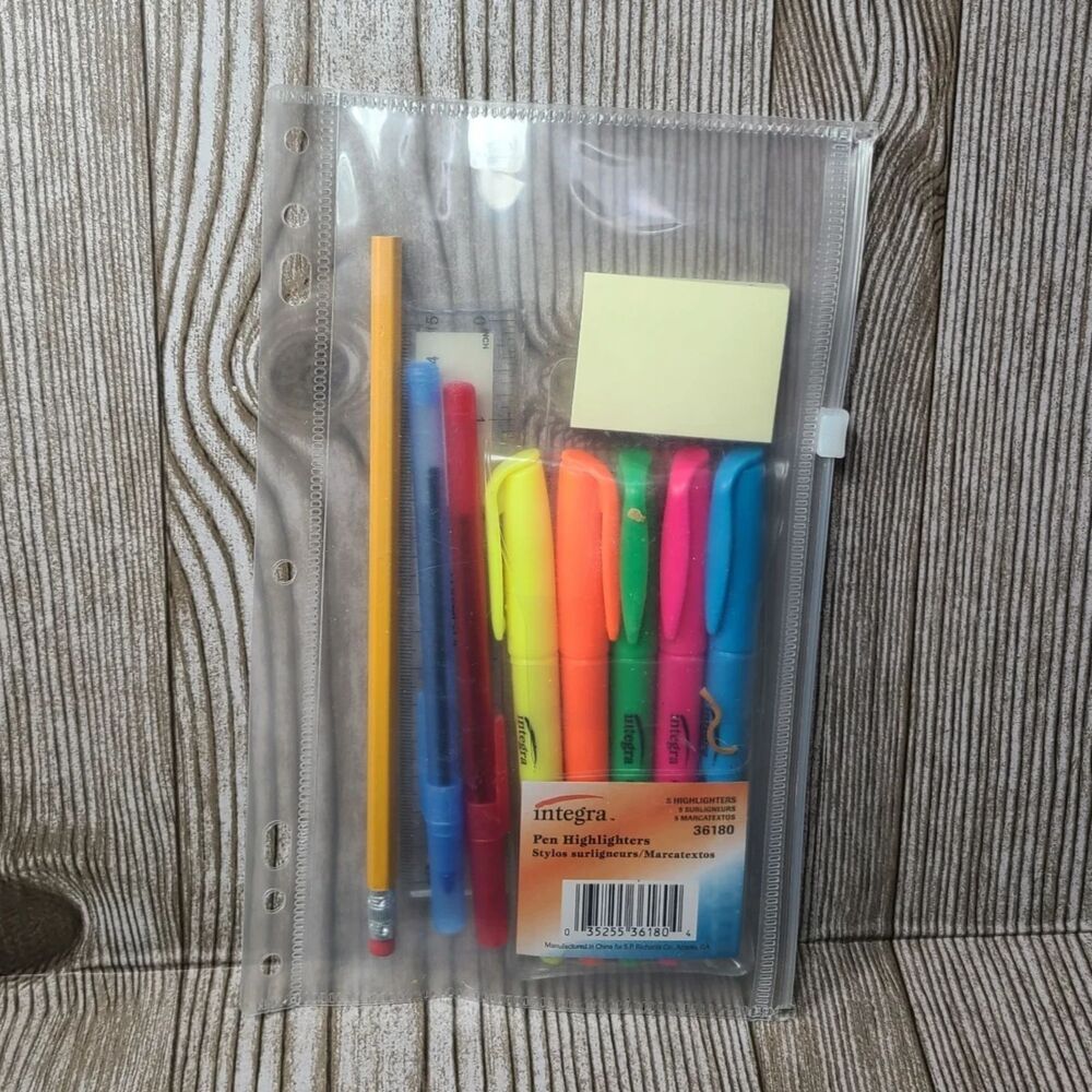 School Supply Kit PolyBinder Pocket Pens,Highlighters, Pencil, Sticky Pad, ruler